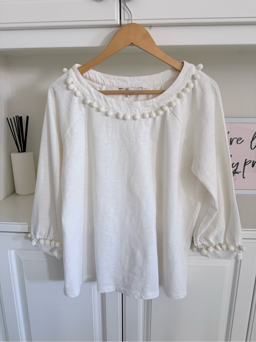 Boden White Pom-Trim Long Sleeve Top